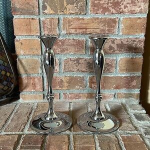 PartyLite Set of 2 Silver Chrome Wide Base Candlestick Holders